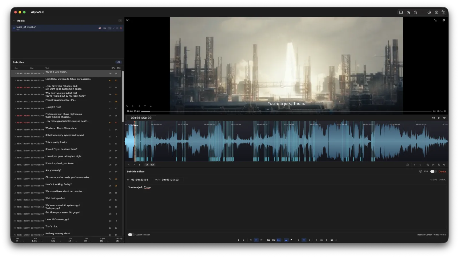 AlphaSub main window — track list, subtitle table, video preview, waveform and editor