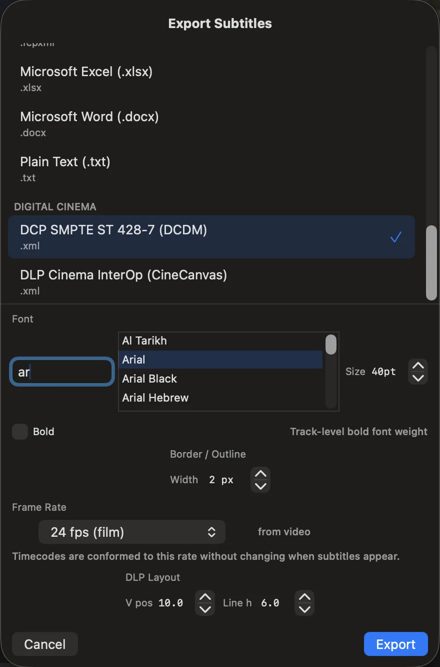 Export dialog